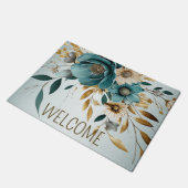 Welkom Turquoise witte bloem gouden bladeren Deurmat (Schuin)