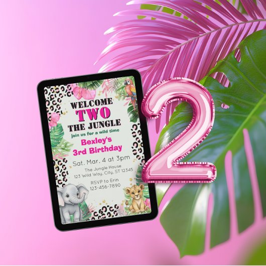 Welkom TWEE Jungle Roze 2de Verjaardag Kaart