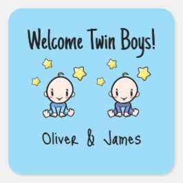 Welkom Tweeling Jongens!, Blauw, Persoonlijke Twee Vierkante Sticker