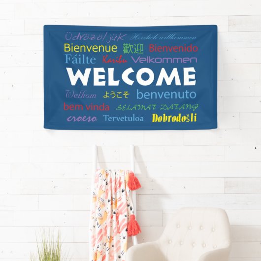 Welkom veel talen kleurrijke typografie blauw spandoek (Insitu)