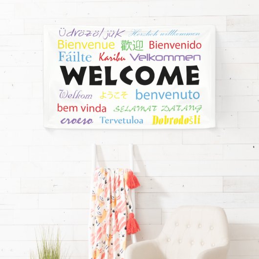 Welkom veel talen kleurrijke typografie wit spandoek (Insitu)