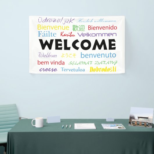 Welkom veel talen kleurrijke typografie wit spandoek (Beurs)