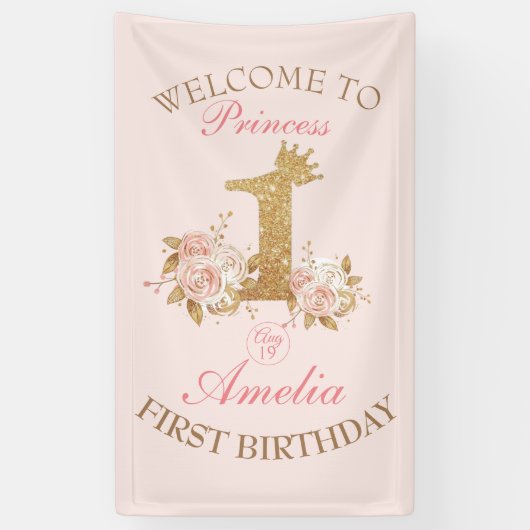 Welkom Verjaardagsfeestje Prinses 1 jaar Spandoek (Verticaal)