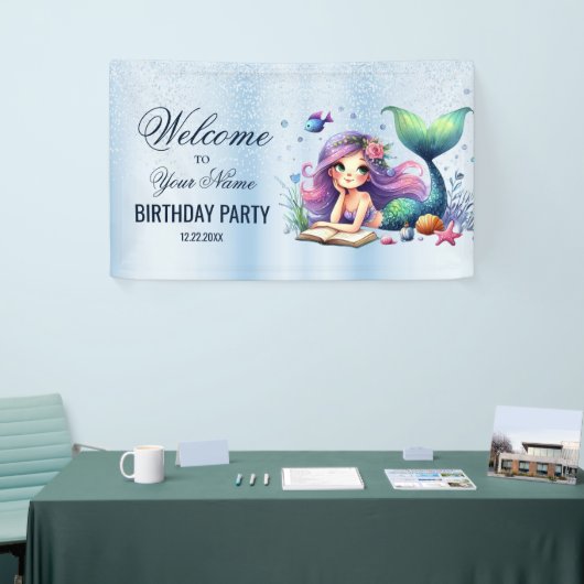 Welkom Verjaardagspartij Waterverf Zeemeermin Zee  Spandoek (Beurs)