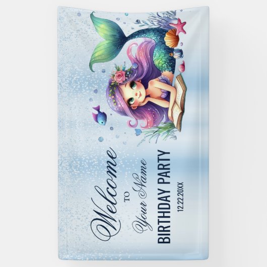 Welkom Verjaardagspartij Waterverf Zeemeermin Zee  Spandoek (Verticaal)