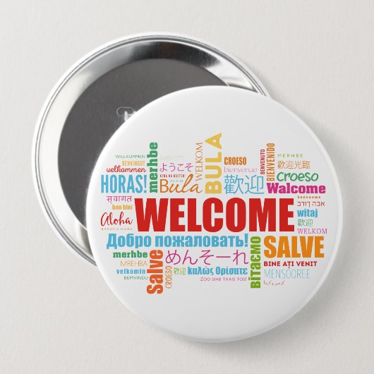 Welkom verschillende talen ronde button 4,0 cm (Voorkant /achterkant)