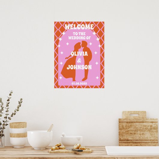 Welkom Vet Roze Sinaasappel Retro Boho Arch Bruilo Poster (Keuken)