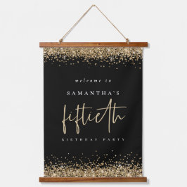 Welkom vijftigste Gold Glitter Name Black Hangend Wandkleed