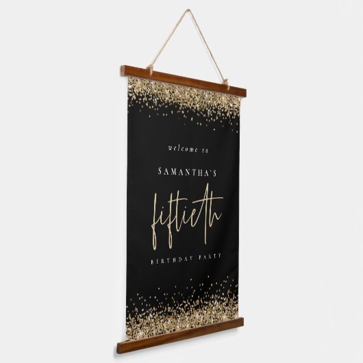 Welkom vijftigste Gold Glitter Name Black Hangend Wandkleed (Gebogen)
