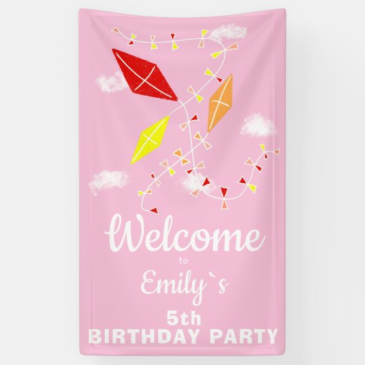 Welkom Vliegers in Sky Roze Meisje Verjaardagsfees Spandoek (Verticaal)