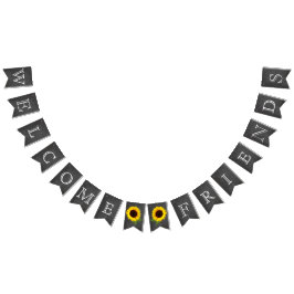 Welkom Vrienden Chalkboard Look met Zonnebloemen Vlaggetjes