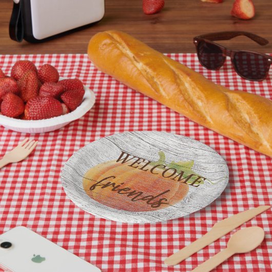 Welkom vrienden pompoen op weersplanten papieren bordje (Picknick)