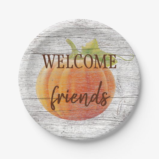 Welkom vrienden pompoen op weersplanten papieren bordje (Voorkant)