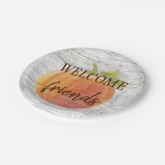 Welkom vrienden pompoen op weersplanten papieren bordje (Gekanteld)