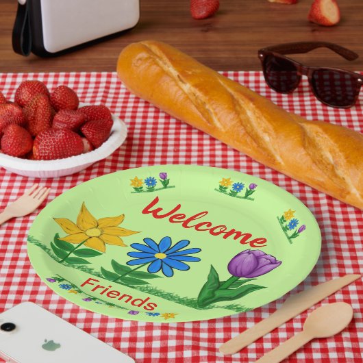 Welkom Vrienden Tuin Bloemen Lichtgroen Papieren Bordje (Picknick)
