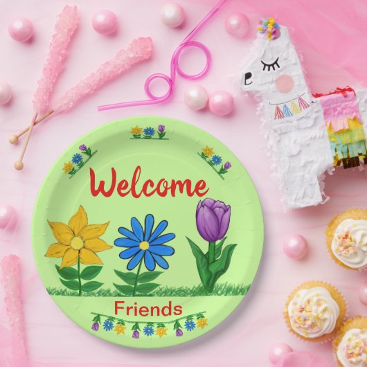 Welkom Vrienden Tuin Bloemen Lichtgroen Papieren Bordje (Feest)