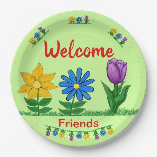 Welkom Vrienden Tuin Bloemen Lichtgroen Papieren Bordje (Voorkant)