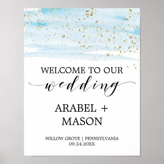 Welkom waterverf Blue en Gold Sparkle Weddenschap Poster (Voorkant)