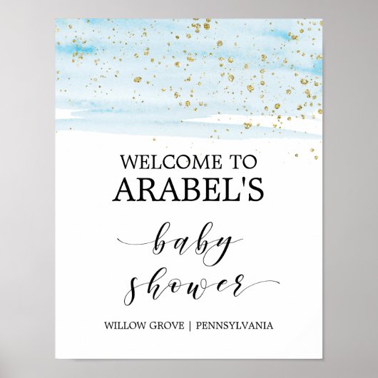 Welkom waterverf Blue & Gold Baby shower Poster (Voorkant)