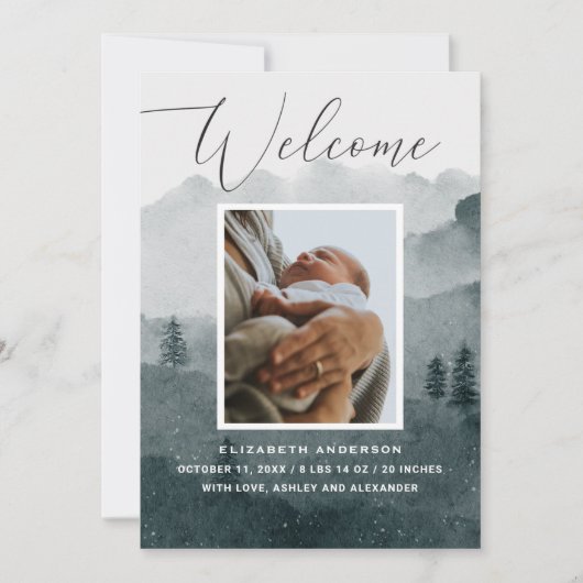 Welkom. Waterverf bosgebied wintergeboorte baby Aankondiging (Voorkant)