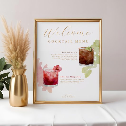 Welkom Waterverf Cocktails Wedding Drink Menu Poster