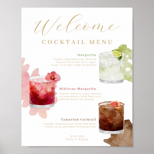 Welkom Waterverf Cocktails Wedding Drink Menu Poster (Voorkant)