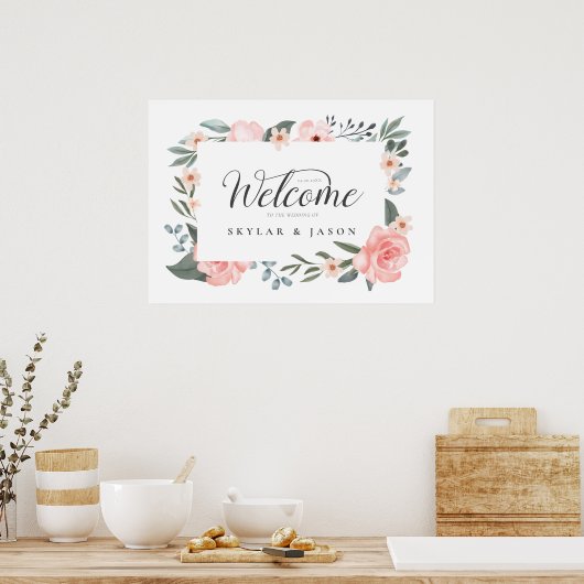 Welkom Waterverf Floral Roos & Lijst Poster (Keuken)