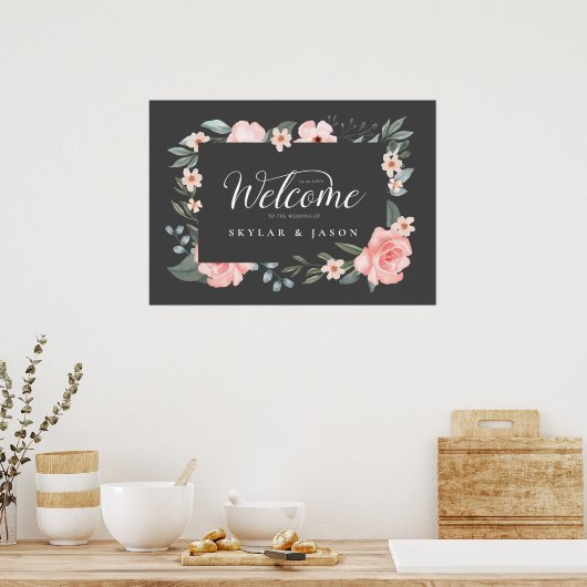 Welkom Waterverf Roos & Lijst Grijs Poster (Keuken)