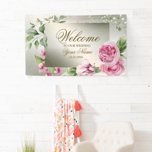 Welkom Waterverf Roze Bloemen Lijst Glanzend Brons Spandoek (Insitu)