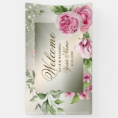 Welkom Waterverf Roze Bloemen Lijst Glanzend Brons Spandoek (Verticaal)