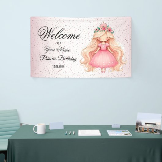 Welkom Waterverf Roze Prinses Verjaardagsfeest Spandoek (Beurs)