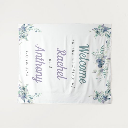 Welkom Weddenschap Blauwe Bloemen Paarse Waterverf Wandkleed (Voorkant (horizontaal))