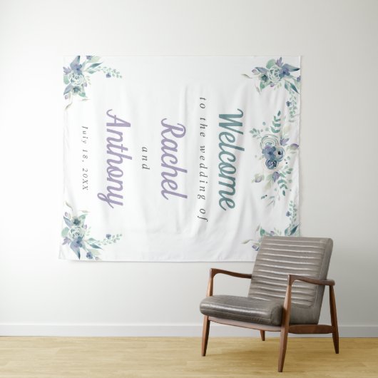 Welkom Weddenschap Blauwe Bloemen Paarse Waterverf Wandkleed (In Situ (horizontaal))