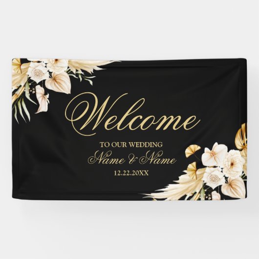 Welkom Weddenschap Blush Pink Floral Gold Black Spandoek (Horizontaal)