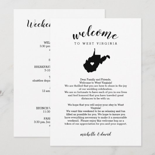 Welkom West Virginia Wedding Letter & Itinerary (Voorkant / Achterkant)