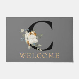 WELKOM White Floral Gold Accents Monogram C Deurmat