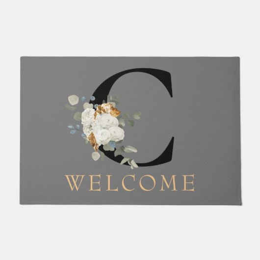 WELKOM White Floral Gold Accents Monogram C Deurmat (Voorkant)