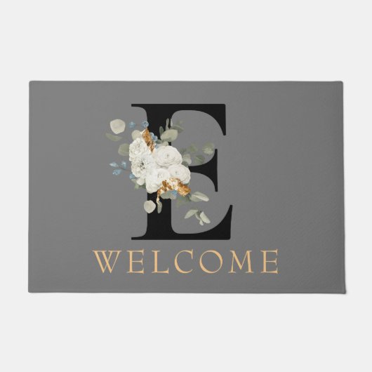 WELKOM White Floral Gold Accents Monogram E Deurmat (Voorkant)