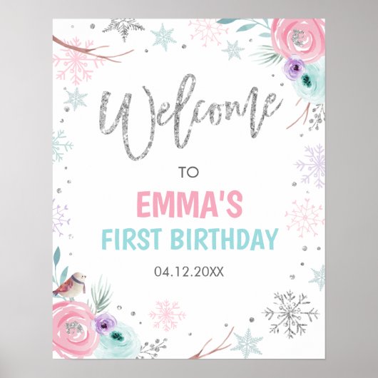 Welkom Winter Onederland Girl Floral Birthday Poster (Voorkant)