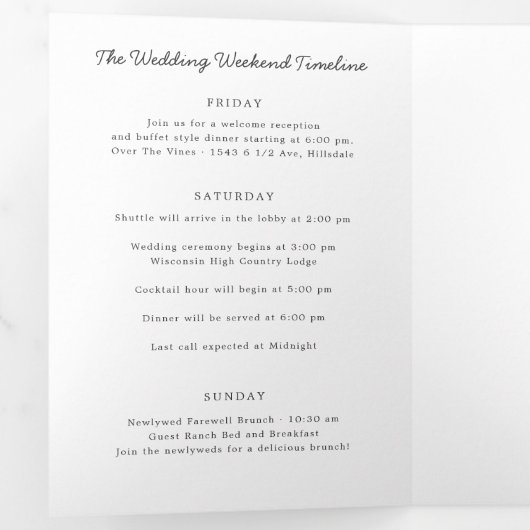 Welkom Wisconsin Wedding Letter & Itinerary Drieluik Programma (Binnenzijde eerst)