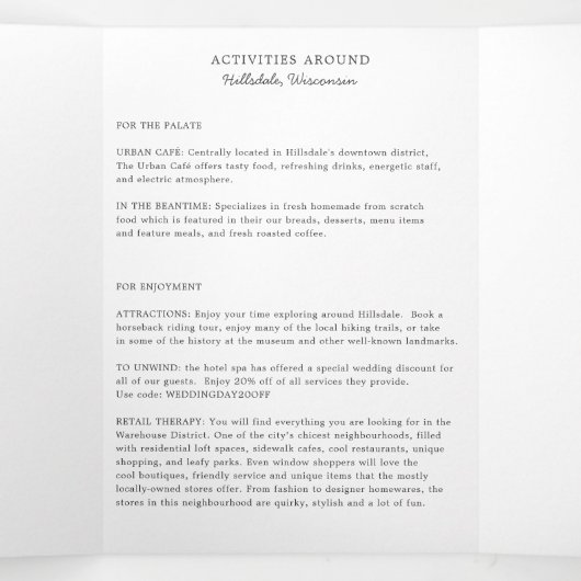 Welkom Wisconsin Wedding Letter & Itinerary Drieluik Programma (Binnenkant midden)