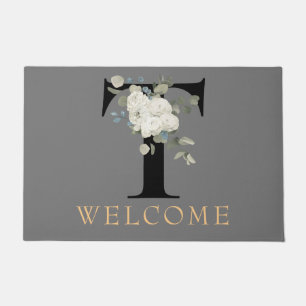 WELKOM Wit Bloemmotief Monogram T Deurmat
