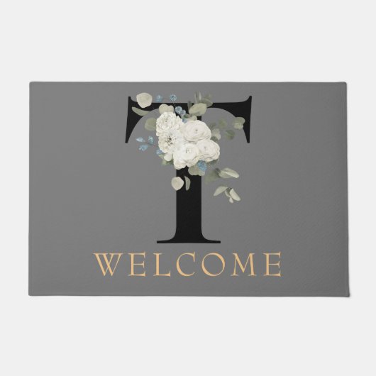 WELKOM Wit Bloemmotief Monogram T Deurmat (Voorkant)