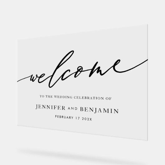 welkom | Wit Zwart Kalligrafie Eenvoudige bruiloft Acryl Bord (Hoek)