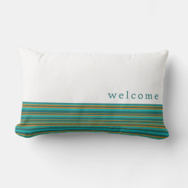 Welkom | Witte Blauwgroen en Oranje strippatroon Buitenkussen