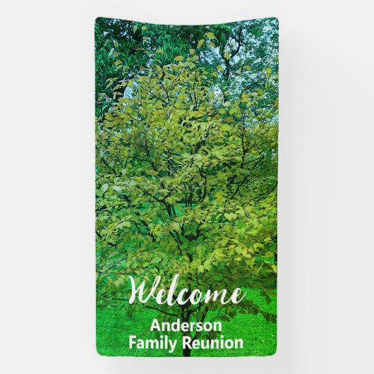 Welkom Witte en Groene Familienaam Boom Reunion Spandoek (Verticaal)