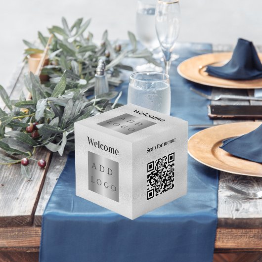 Welkom zakelijk logo QR code zilveren menutabel Kubus