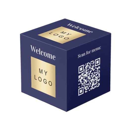 Welkom zakelijke logo QR code blauwe menutabel Kubus (Voorkant hoekig)
