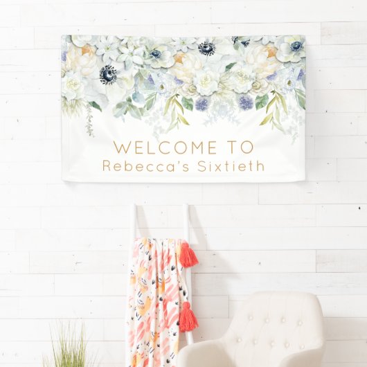 Welkom Zestigste Verjaardag Naam Witte Bloemen Bla Spandoek (Insitu)