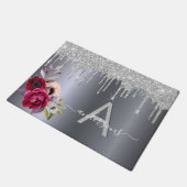 Welkom zilverglitter burgundy floral monogram deurmat (Schuin)